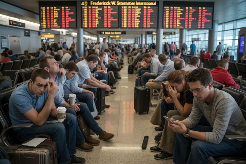 A-realistic-photograph-of-a-crowded-airp_vkx2tbvsrkenu1egfp9cng_ube8ckistnmyzakgzatsna - travel and tour world Pensacola intl in florida, usa faces travel turmoil with 9 cancellations and 7 delays, leaving holiday and business passengers scrambling for alternative flights.