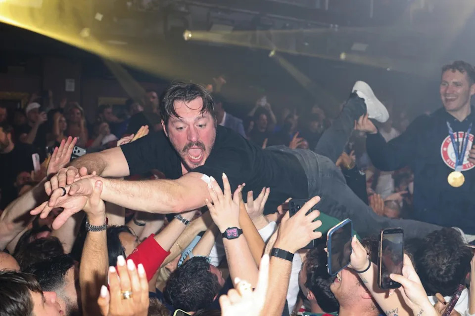 Rangers captain J.T. Miller crowd surfs at Miami’s E11EVEN nightclub on Feb. 23, 2026. Getty Images for E11EVEN Miami