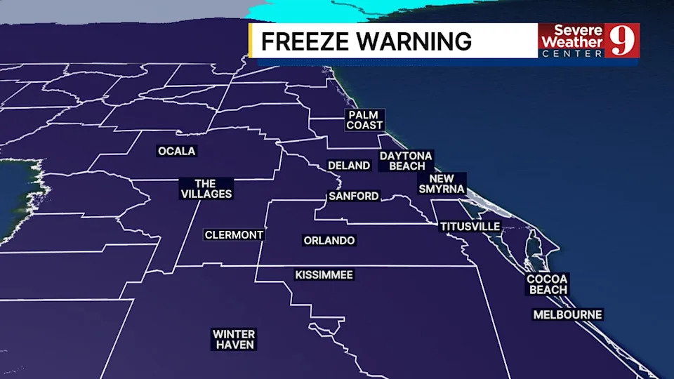 Freeze alerts persist tonight with lows in the upper 20s in Orlando and below freezing in Ocala, The Villages, and Palm Coast