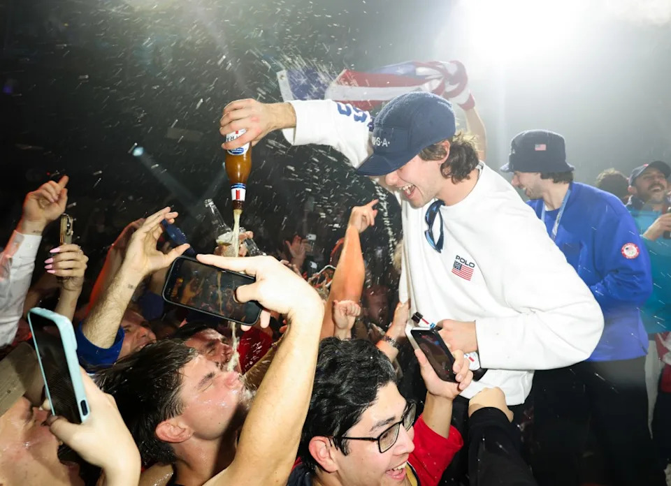 Jack Hughes parties with Team USA following the team’s Olympic triumph. Getty Images for E11EVEN Miami