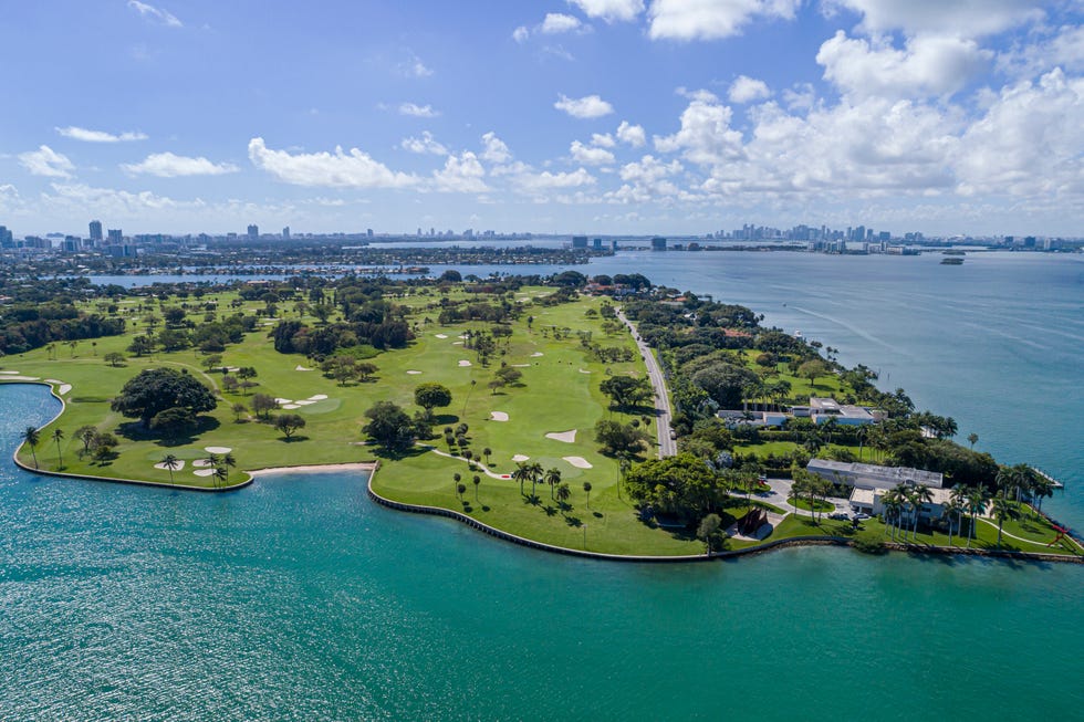 Florida, Miami, Indian Creek Island, country club, golf course on Billionairs Bunker, aerial view