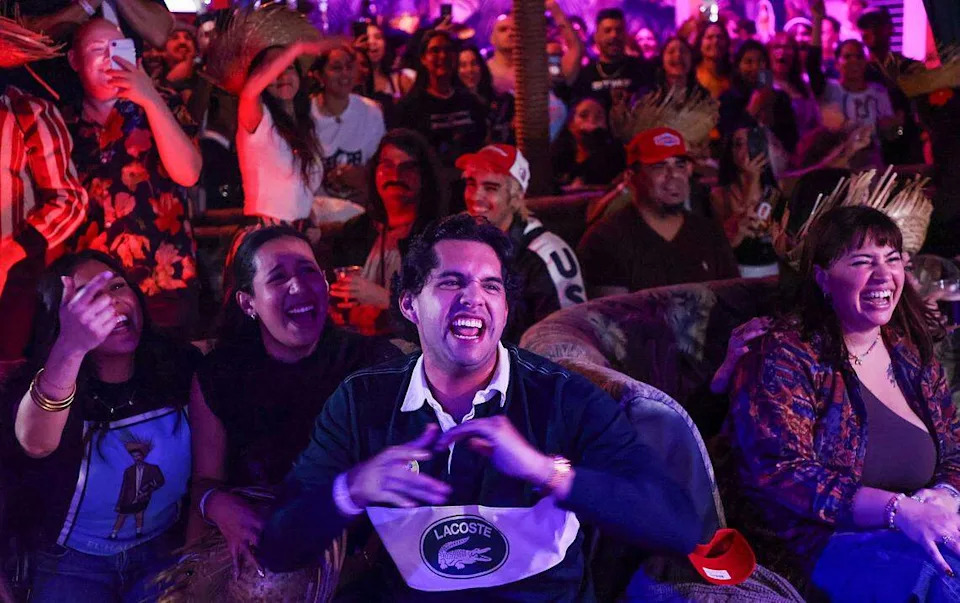 The crowd dance and sings to Bad Bunny music between commercial breaks of the Super Bowl.