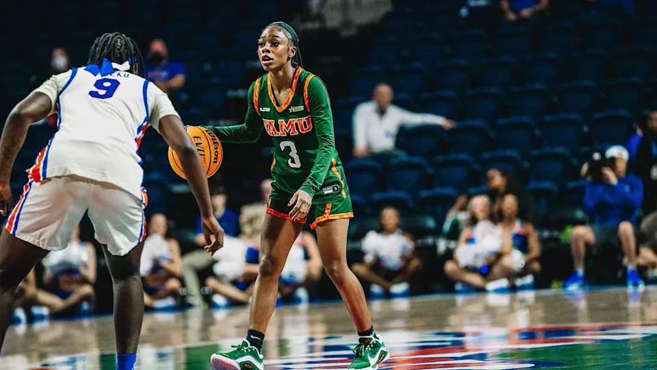 Florida A&M Rattlers guard Tahnyjia Purifoy handles the basketball as Florida Gators guard Alexia Dizeko defends in an NCAA game at Exactech Arena at Stephen C. O'Connell Center in Gainesville, Florida, Wednesday, Dec. 17, 2025.