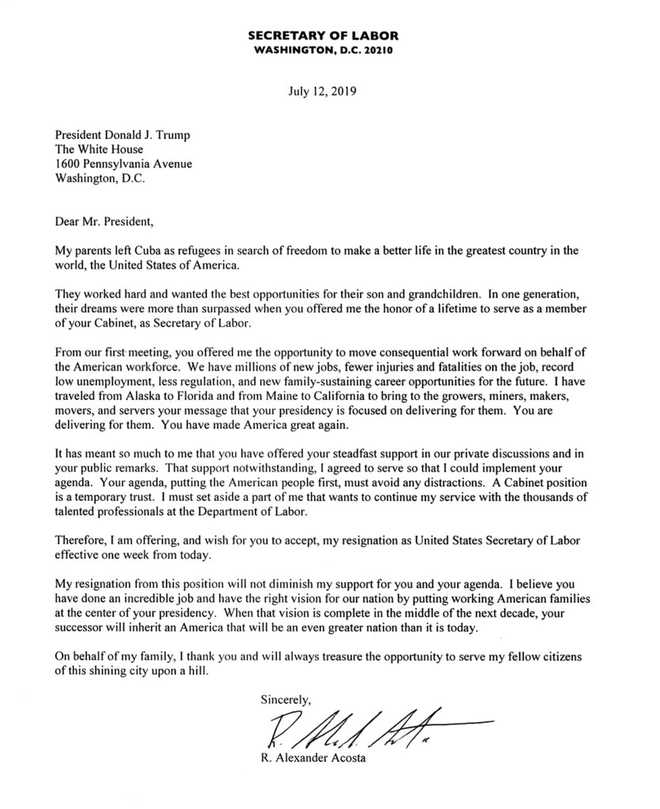 Alex Acosta's resignation letter to President Donald Trump Alex Acosta's resignation letter to President Donald Trump