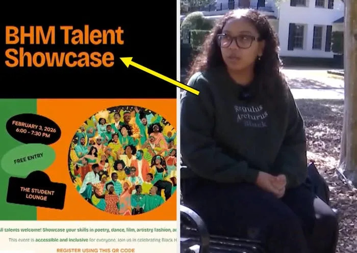 Poster for a BHM Talent Showcase on February 3, 2026, at 6 PM in the Student Lounge. Free entry. Promotes poetry, dance, film, and more. Accessible event