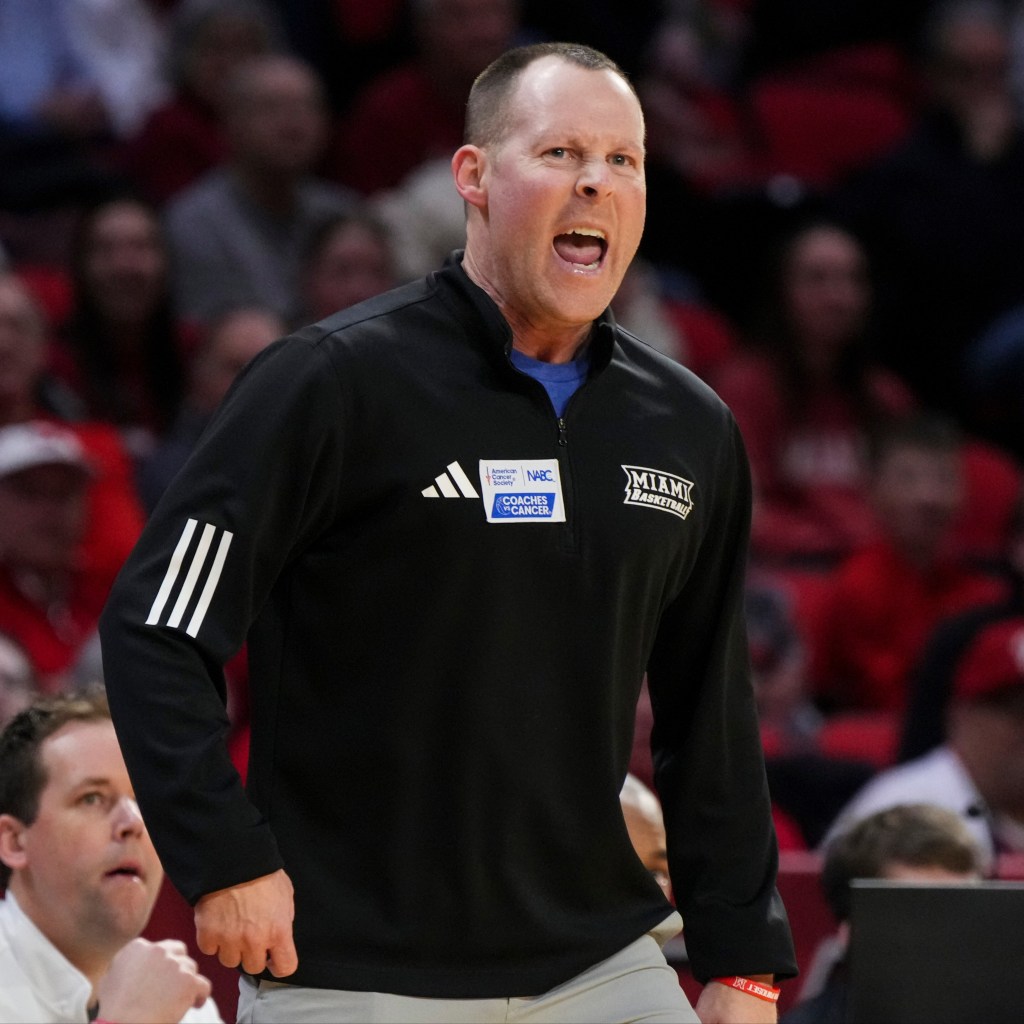 Miami (OH) head coach Travis Steele reacts during the first half of an NCAA college basketball game against UMass, Tuesday, Jan. 27, 2026, in Oxford, Ohio.