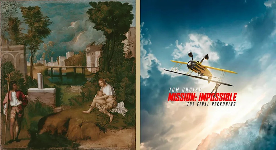 On the left is “The Tempest” by Italian Renaissance painter Giorgione. On the right, Tom Cruise hangs from a biplane in a cloudy sky for “Mission Impossible: The Final Reckoning.” Stephanie Leitch, a professor of Northern European art and the history of graphics, will explore the role of weather in both works during a presentation at the Festival of the Creative Arts event “It’s the Weather!” on Saturday, Feb. 7, 2026.