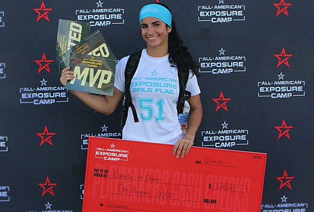 Braden River junior Daniella de Oliveiras, the overall MVP at the All-American Exposure camp at West Orange on Saturday, was presented a $100 scholarship check by AAE. (Chris Hays/Orlando Sentinel)