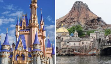 Left: Cinderella Castle in Orlando, pink and blue hues; right: Mount Prometheus volcano and Tokyo DisneySea facades.