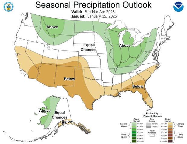 The northward position of the jet stream should keep the northern tier of the U.S. wet for the next three months and the South dry. (Courtesy NWS)