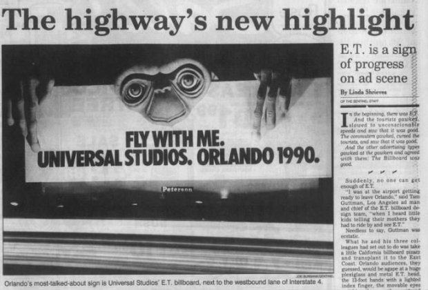 An Orlando Sentinel story from March 9, 1989 reports on the popularity of the E.T. billboard on Interstate 4. (Orlando Sentinel file)