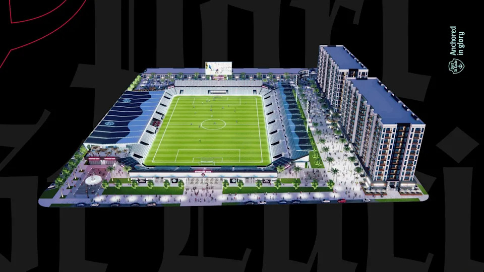 A rendering of Port St. Lucie's professional soccer stadium planned to be built at Walton & One, a mixed-use development formerly known as City Center.