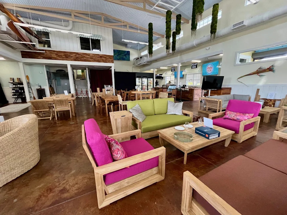 Customers are welcome to enjoy their Chop It Up order anywhere inside Oasis Outdoors, an outdoor teak furniture store.