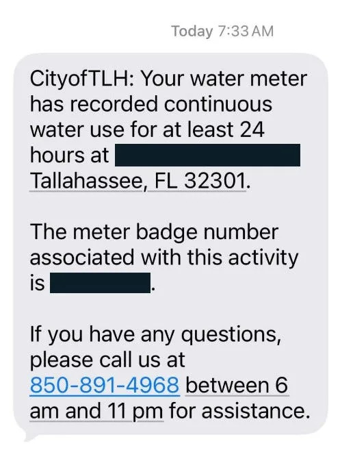 A screenshot of a text message received Feb. 3 from the City of Tallahassee about water use.