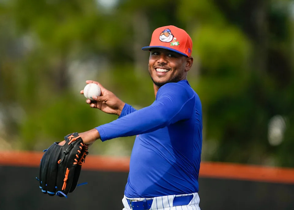 The New York Mets starting pitcher Freddy Peralta throws during spring training on the back fields of Clover Park on Feb. 11, 2026, in Port St. Lucie.