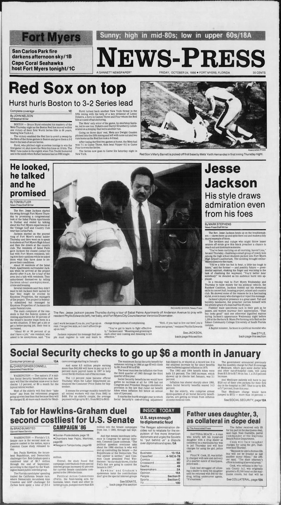 The front page of The News-Press when Jesse Jackson visited Fort Myers Florida, in October 1986.
