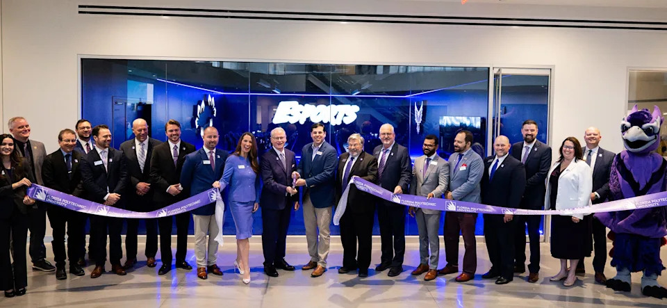 Florida Polytechnic University leaders hold a ribbon cutting Feb. 13 for the new esports arena in the Barnett Applied Research Center.