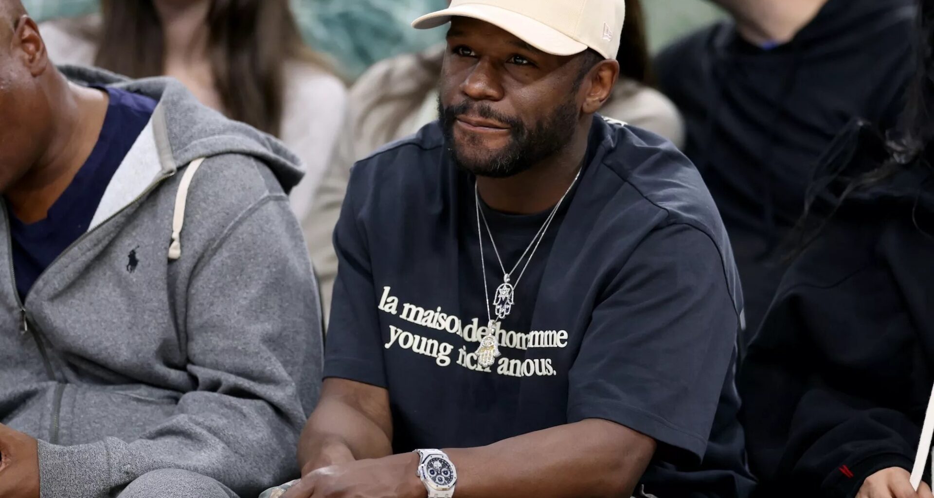 Floyd Mayweather Jr. watches during a 102-92 LA Clippers win over the Golden State Warriors at Intuit Dome in Inglewood, California, on December 27, 2024.