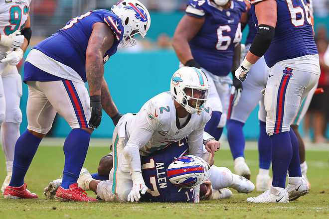 Buffalo Bills v Miami Dolphins - NFL 2025 MIAMI GARDENS, FLORIDA - NOVEMBER 09: Bradley Chubb #2 of the Miami Dolphins celebrates after sacking Josh Allen #17 of the Buffalo Bills during the fourth quarter of the game at Hard Rock Stadium on November 09, 2025 in Miami Gardens, Florida. (Photo by Megan Briggs/Getty Images)