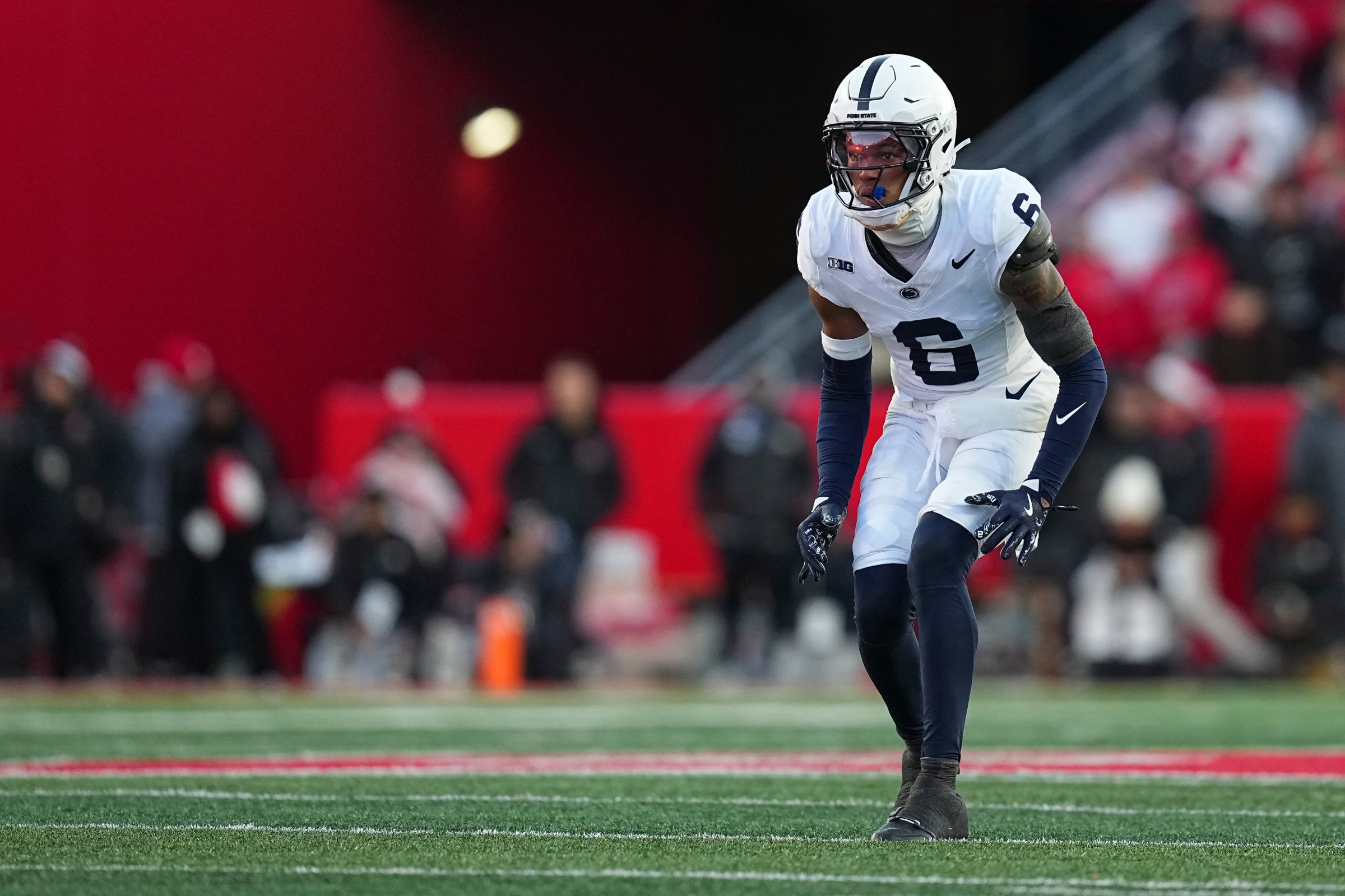 PISCATAWAY, NEW JERSEY - NOVEMBER 29: Zakee Wheatley #6 of the Penn State Nittany Lions looks on against the Rutgers Scarlet Knights at SHI Stadium on November 29, 2025 in Piscataway, New Jersey. The Penn State Nittany Lions defeated the Rutgers Scarlet Knights 40-36. (Photo by Mitchell Leff/Getty Images)
