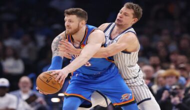 Oklahoma City Thunder center Isaiah Hartenstein, front, keeps the ball away from Orlando Magic forward Moritz Wagner, back, during the first half of an NBA basketball game, Tuesday, Feb. 3, 2026, in Oklahoma City. (AP Photo/Nate Billings)