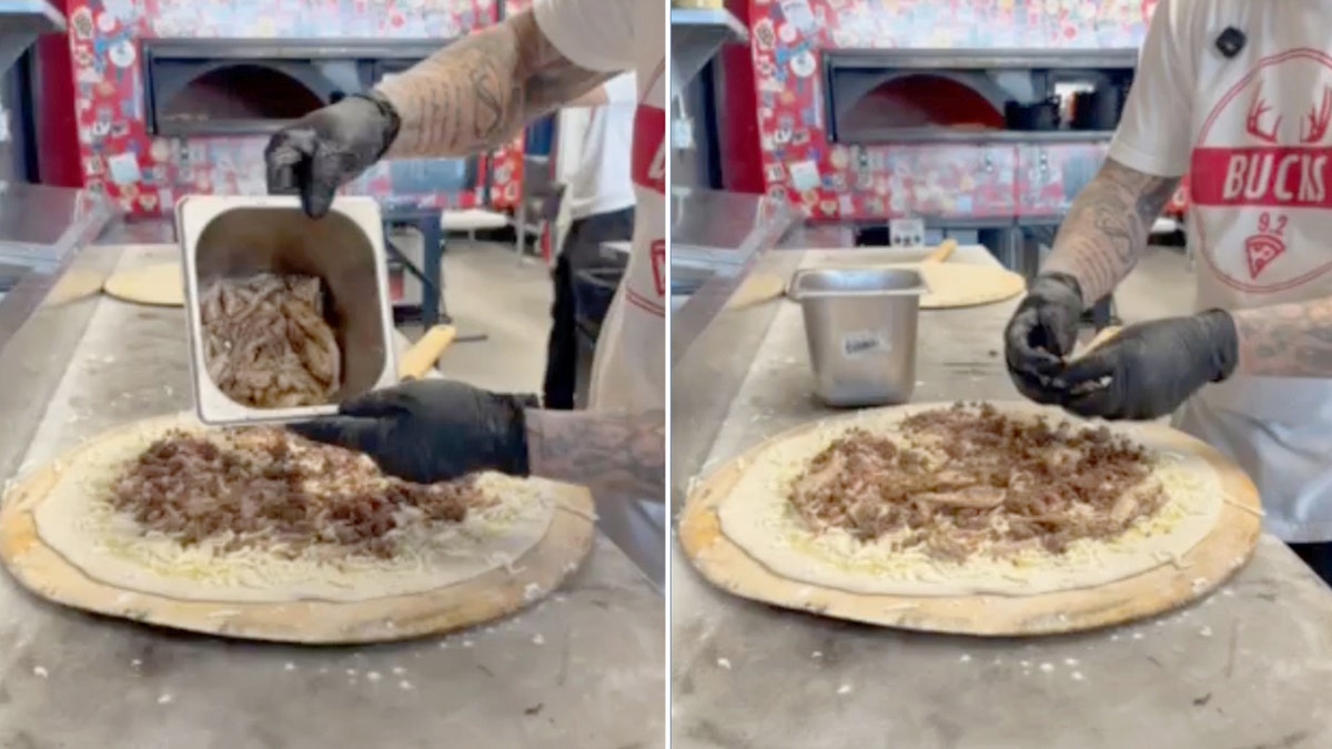 Iguana meat is placed on a pizza.