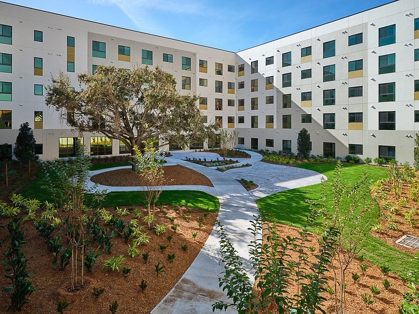 An interior courtyard in Canopy at West River, an affordable housing complex in Tampa.