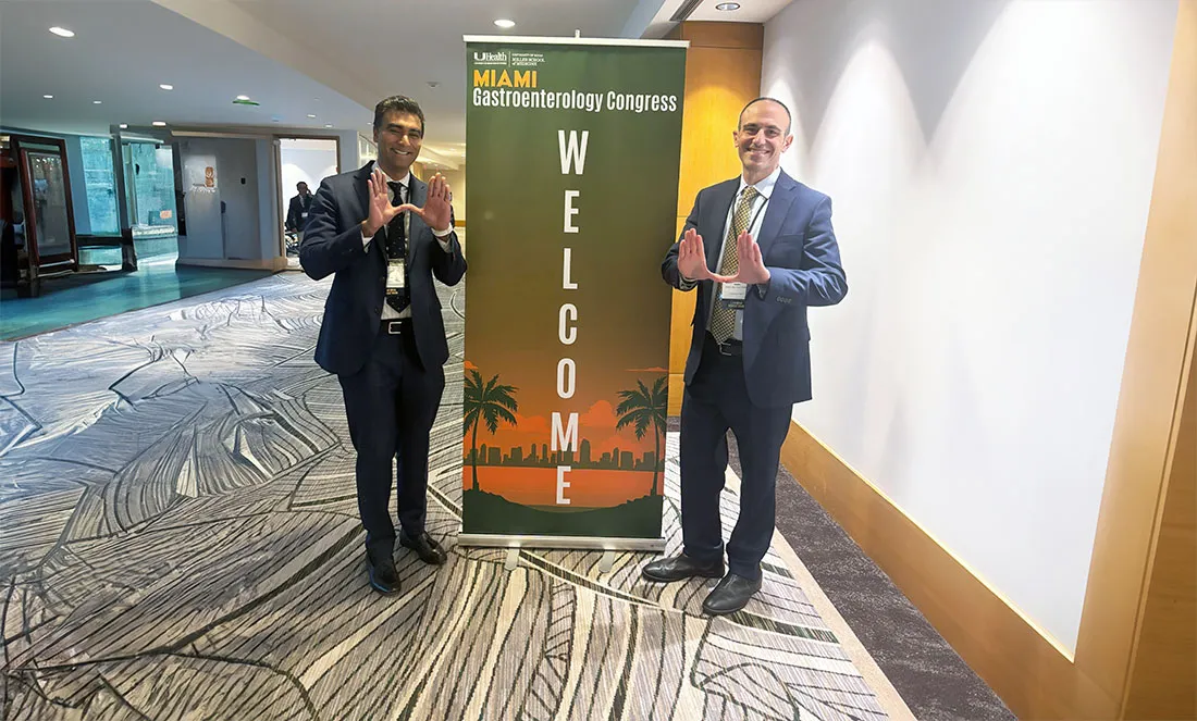 Miami Gastroenterology Congress co-course directors, Dr. Jodie Barkin and Dr. Sunil Amin, flashing the U hand symbol