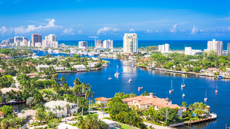 Fort Lauderdale skyline with homes along coastal enclave