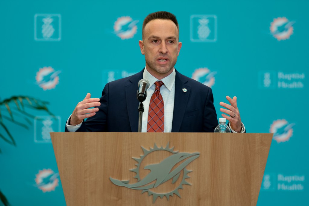 Miami Dolphins head coach Jeff Hafley speaks at a press conference.