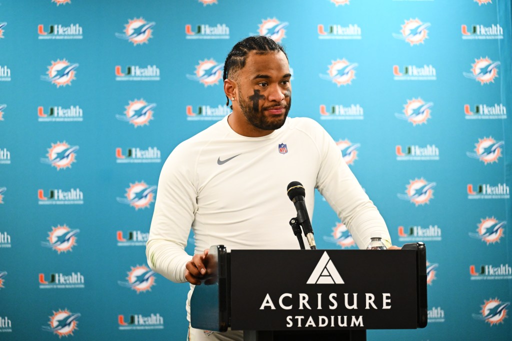 Miami Dolphins quarterback Tua Tagovailoa at a news conference.