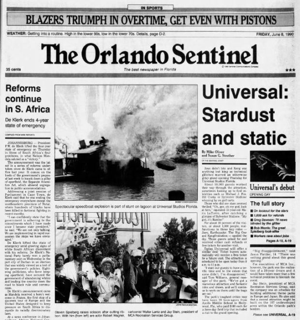 Orlando Sentinel front page from June 8, 1990 with coverage of the opening of Universal Studios Florida. (Sentinel file)