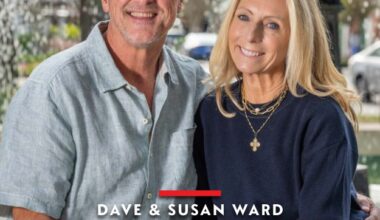 Dave and Susan Ward, co-founders of Buddy Brew Coffee, seated together outdoors in Tampa, photographed for the February 2026 cover of Tampa Bay Business & Wealth.