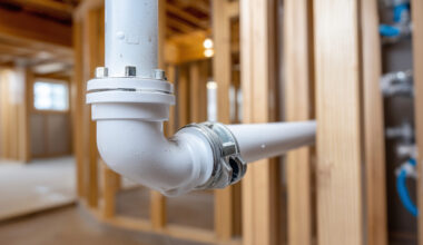 side view of plumbing stack running vertically through residential walls