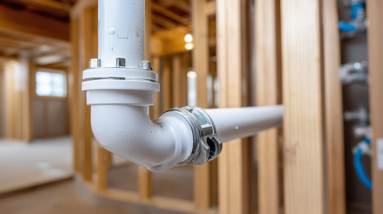 side view of plumbing stack running vertically through residential walls
