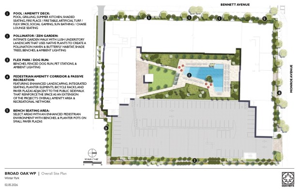 A map showing the location of various amenities at the apartment building planned for the Ravaudage development in Winter Park. (Image provided by City of Winter Park)