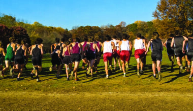 Group of high school cross-country runners seen from behind as they start a race across a grassy field with autumn trees in the background.