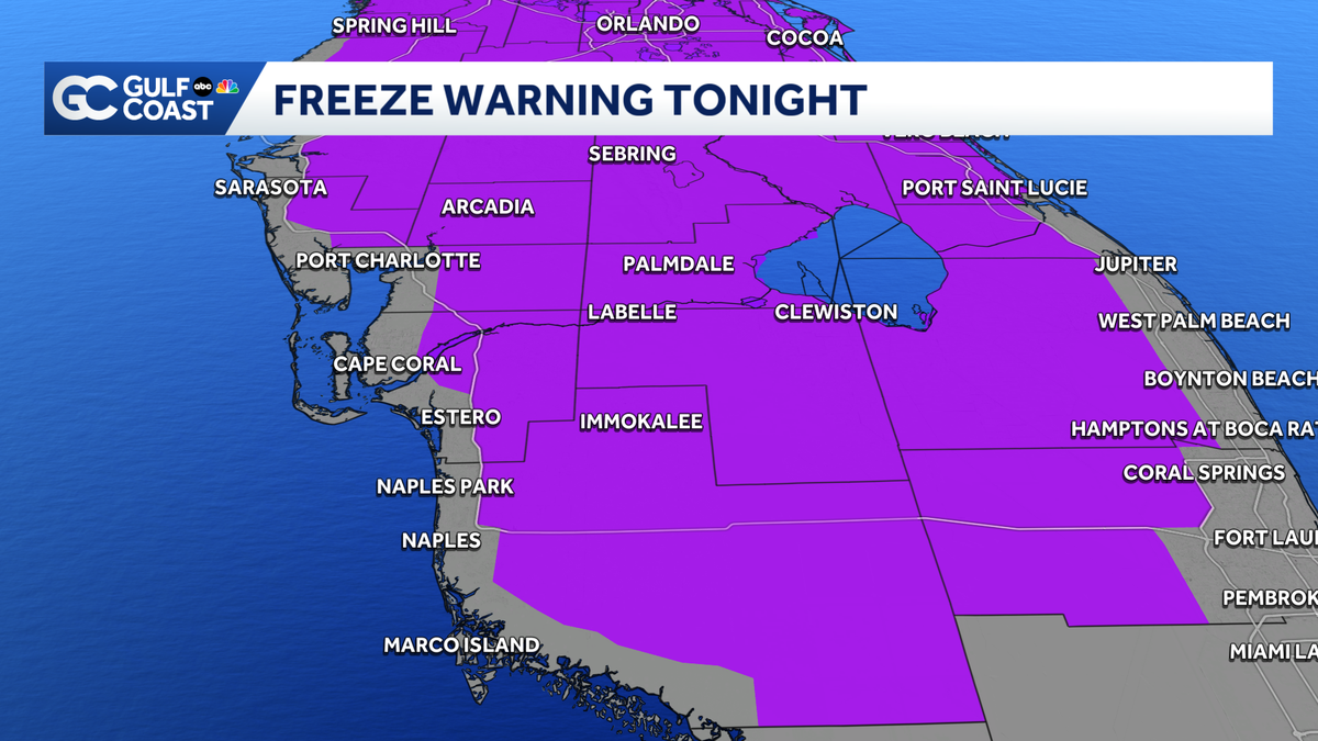 Temps to fall to freezing levels for most of Florida's Gulf Coast