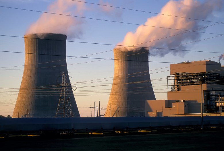 Two smoke stacks at a power plant