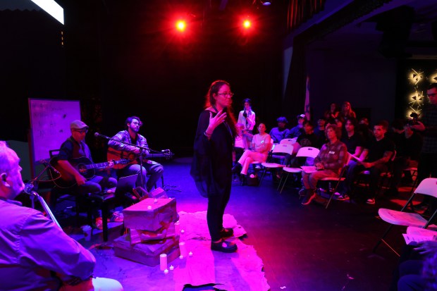 Ali Shrago-Spechler, director of the George Gottlieb Institute, welcomes students during Testimony to Teach at the David Posnack JCC in Davie, Wednesday, Feb. 4, 2026. The event brought together hundreds of students from Cooper City High School and Everglades High School to transform Holocaust survivor testimony into original music. (Joe Cavaretta/South Florida Sun Sentinel)