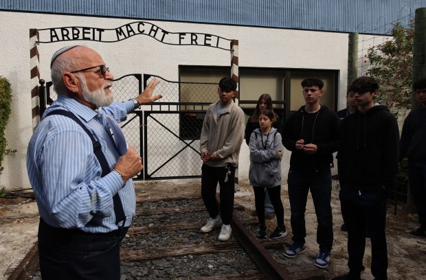 Rabbi Dr. Leon Weissberg talks to students during a tour of the George Gottlieb Institute during Testimony to Teach, an event gathering hundreds of Broward County Public Schools students from Cooper City High School and Everglades High School, Wednesday, Feb. 4, 2026, at the David Posnack JCC in Davie. The program transforms Holocaust survivor testimony into original music. (Joe Cavaretta/South Florida Sun Sentinel)