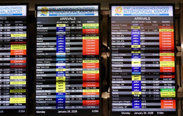 Dozens of flights are canceled or delayed at Fort Lauderdale-Hollywood International Airport due to a winter storm, Monday, Jan. 26, 2026. (Joe Cavaretta/South Florida Sun Sentinel) 