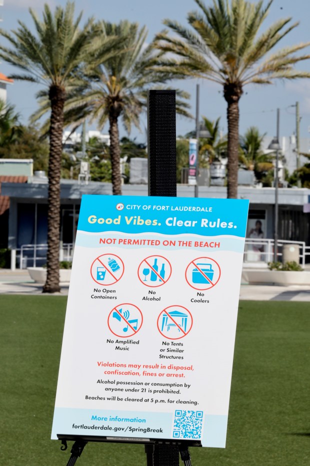 A sign lists items and activities prohibited on the beach at Las Olas Oceanside Park on Friday, Feb. 20, 2026. During a news conference, Fort Lauderdale officials outlined high-impact regulations for the upcoming Spring Break season. (Mike Stocker/South Florida Sun Sentinel)