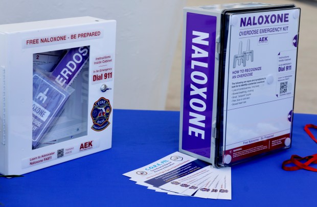 A naloxone emergency kit is displayed at Las Olas Oceanside Park during a news conference regarding Spring Break safety on Friday, Feb. 20, 2026. (Mike Stocker/South Florida Sun Sentinel)