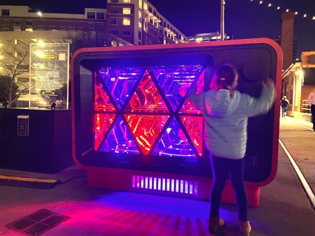 "Up-Next" from Oliver Lewis, an interactive sculpture resembling a 1980s TV set, is on display at Reverend Samuel Delevoe Memorial Park in Fort Lauderdale during IGNITE Broward 2026, returning Feb. 13-22. (IGNITE Broward / Courtesy)
