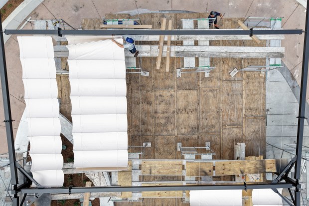 An aerial view of shade coverings going up on Wednesday at Tunnel Top Plaza in downtown Fort Lauderdale. Scaffolding went up in late December. The work is expected to wrap up next week. (Amy Beth Bennett/South Florida Sun Sentinel)