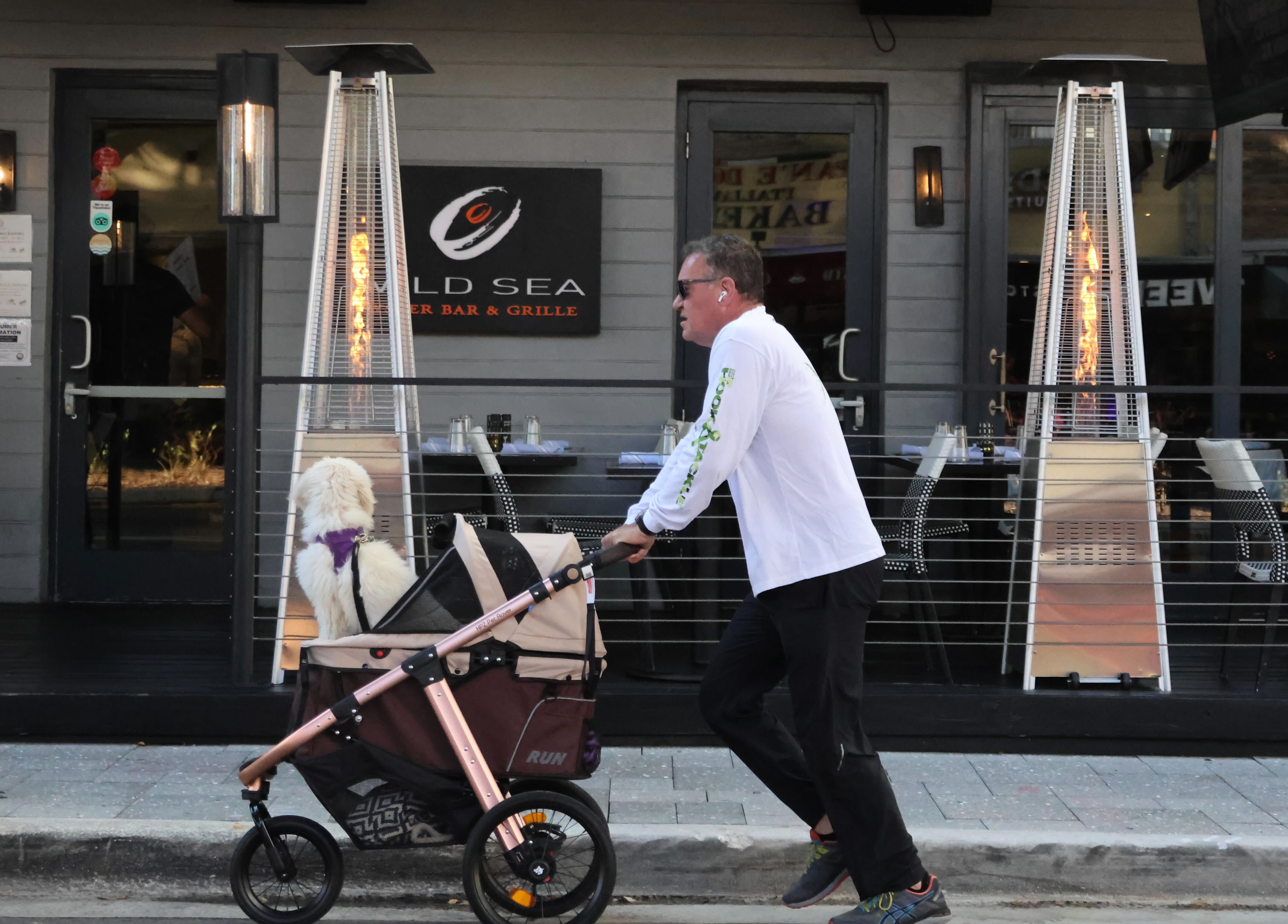 A man walks his dog on Las Olas Blvd. in...