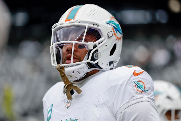 Miami Dolphins outside linebacker Bradley Chubb (2) prepares to play against the New York Jets in an NFL football game, Sunday, Dec. 7, 2025, in East Rutherford, N.J. (AP Photo/Adam Hunger)