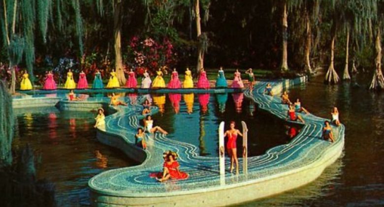 The Florida-shaped swimming pool at Cypress Gardens botanical gardens and...