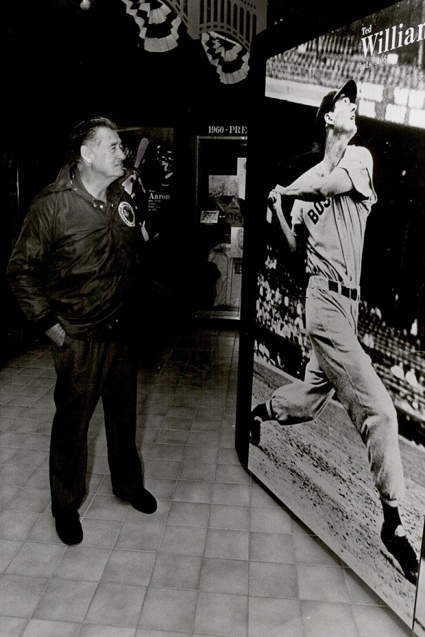 Baseball legend Ted Williams inspects a larger-than-life picture of himself in the Baseball Hall of Fame exhibit at Boardwalk and Baseball in Haines City on April 4, 1987. (Orlando Sentinel file)
